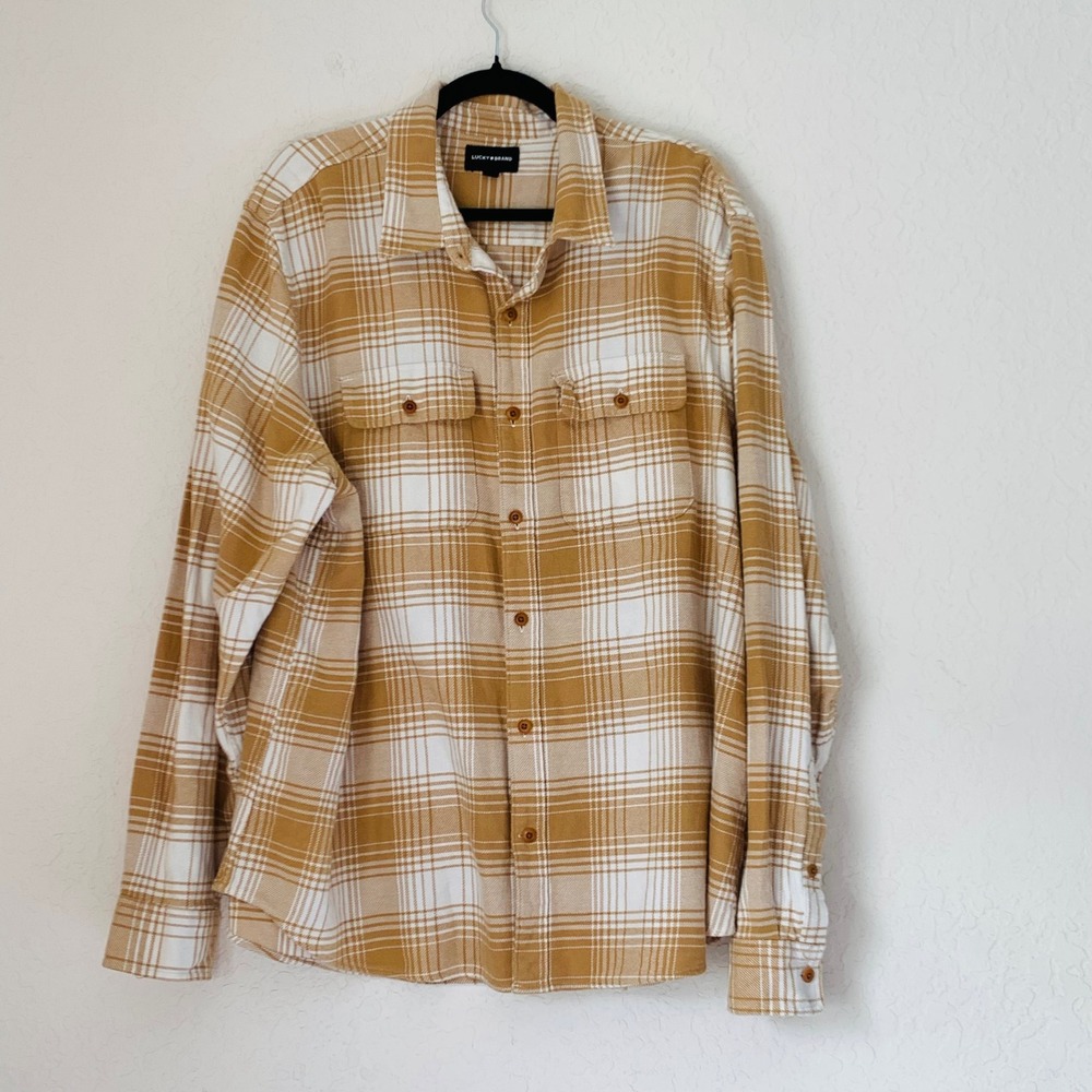 Lucky Brand Flannel Shirt Men XXL Tan Tartan Plaid Cabincore Heritage Outdoor